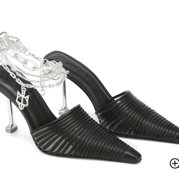 Black Heeled Mules with Chain Detail - Picture 3 of 4
